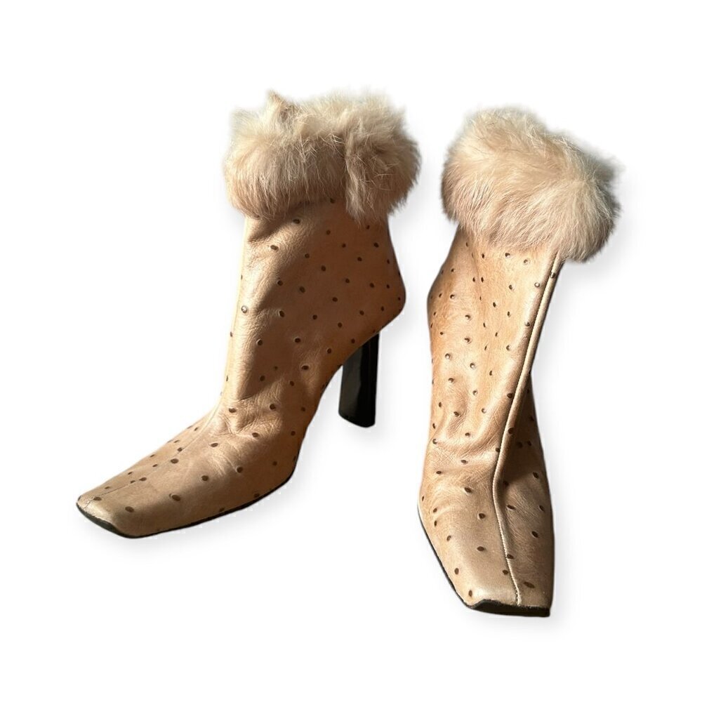 Ankle Boots in Ostrich Printed Beige Leather, with Rabbit Fur Trim, Size 37EU, Y